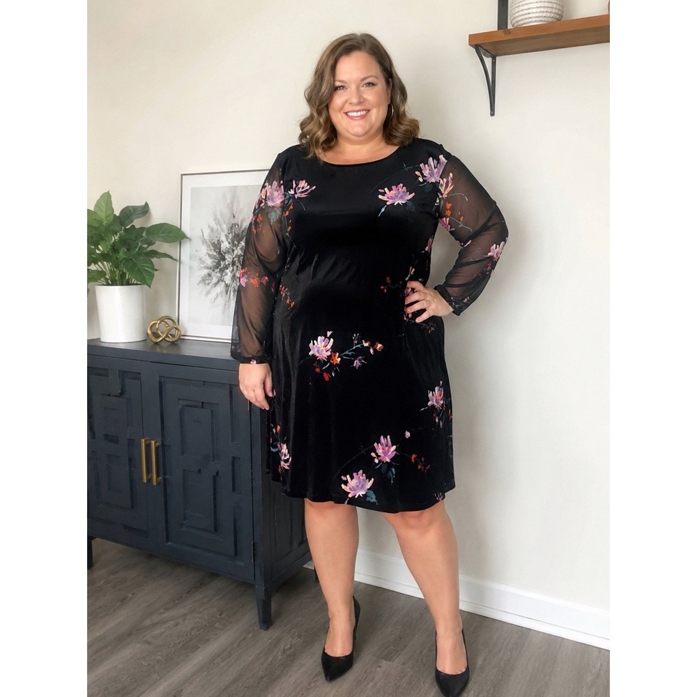 Ava & Viv Black Velvet Floral Dress Women's Size 20 Sheer Long Sleeve Plus
